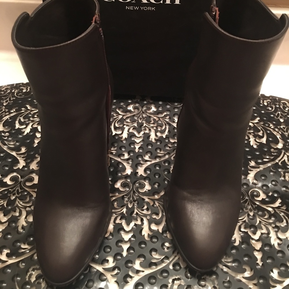 Brown booties coach 3 inch heel